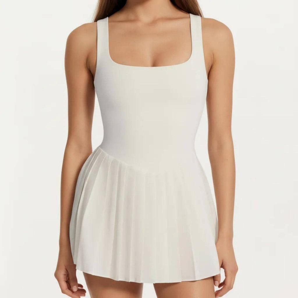Pleated Tennis Dress with Built In Bra Pads Breathable Athletic Skort Dress: Black / Small 4-6