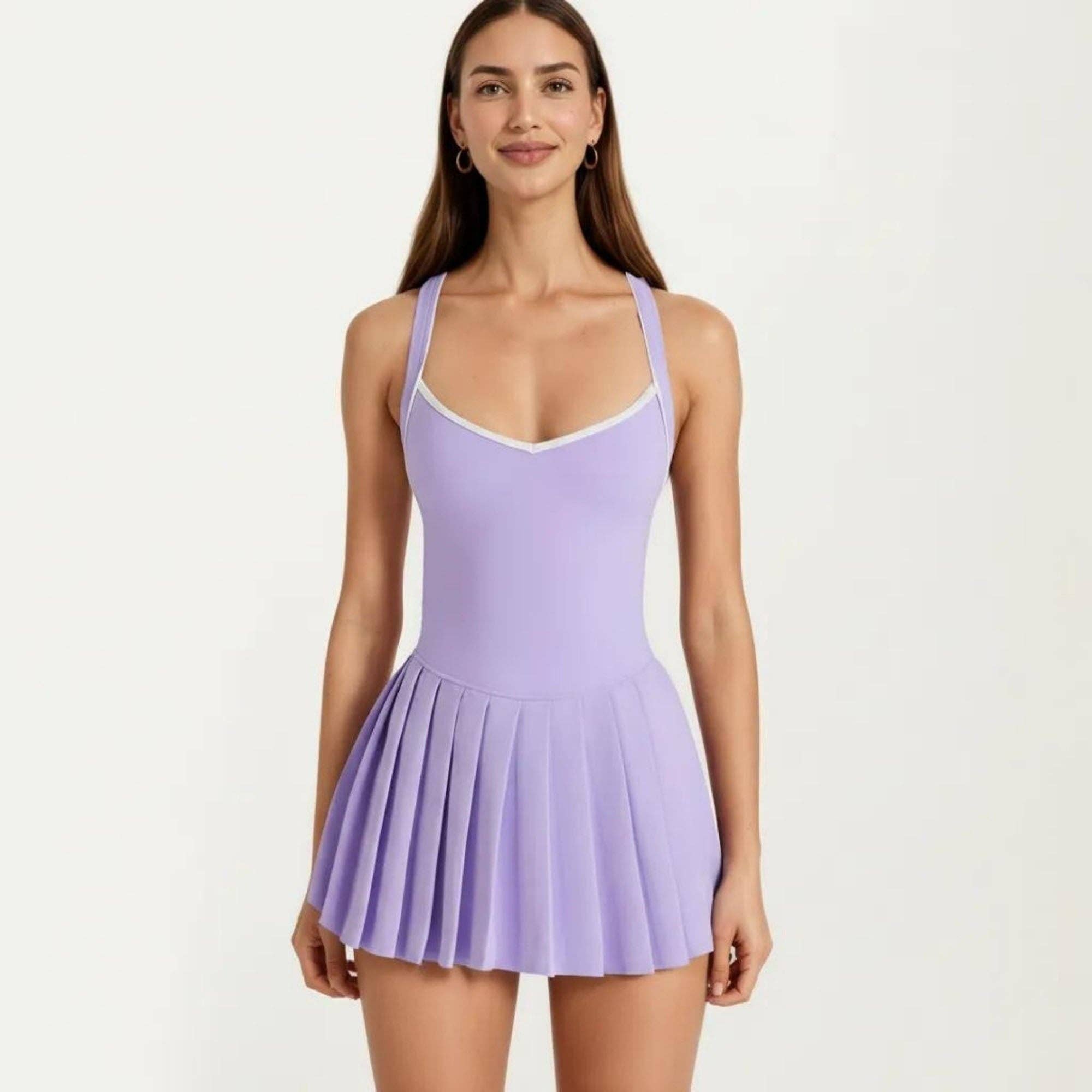 Pleated Tennis Dress with Built In Bra Pads Athletic Workout Dress with Separate Shorts: White / Medium 8-10