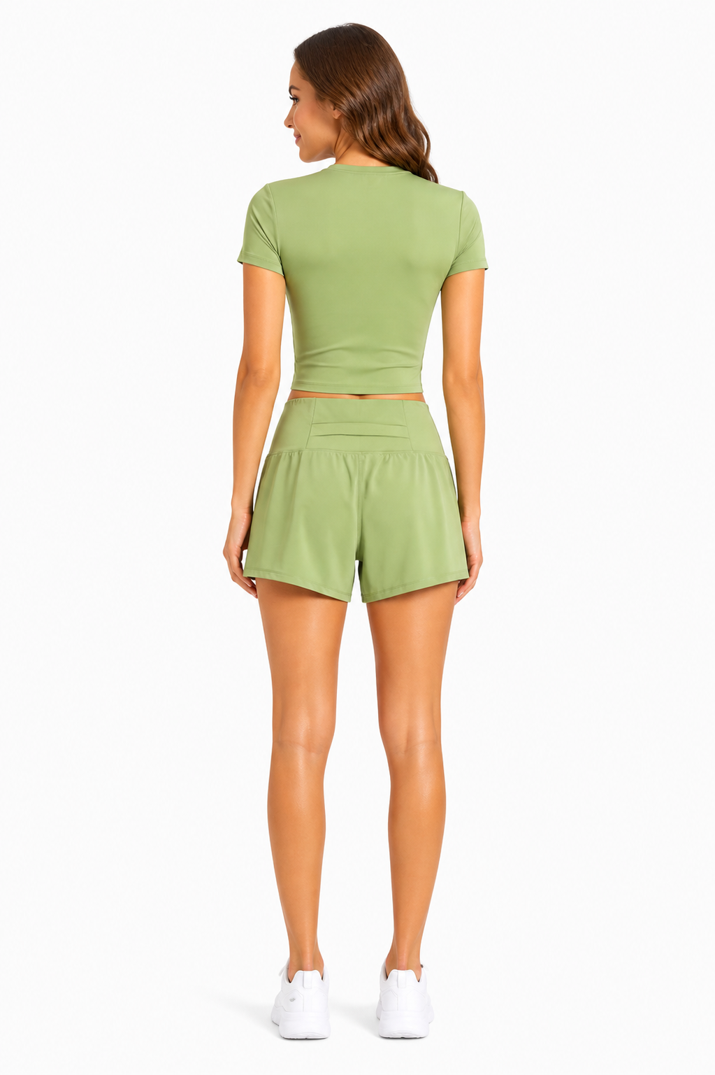Yoga crop white piping top w/running shorts activewear set: Lime